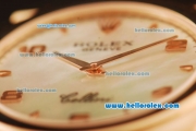 Rolex Cellini Swiss Quartz Rose Gold Case with White MOP Dial and Brown Leather Strap-Numeral Markers