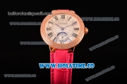 Cartier Ballon Bleu De Small Swiss Quartz Rose Gold Case with Diamonds Bezel White Dial and Hot Pink Leather Strap - Black Markers