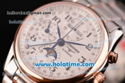 Longines Master Chrono Moonphase Swiss Valjoux 7751 Automatic Two Tone Case with White Dial and Rose Gold Bezel