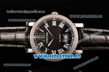 Cartier Rotonde De Miyota Quartz Steel Case with Black Dial Diamonds Bezel and White Roman Numeral Markers