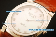 Rolex Cellini Swiss Quartz Steel Case with White MOP Dial and Brown Leather Strap-Diamond Markers