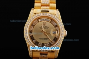 Rolex Day-Date Automatic With Golden Dial-Diamond Bezel and Roman Marking