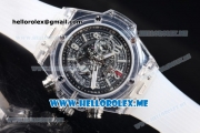 Hublot Big Bang UNICO Sapphire Blu Miyota Quartz Sapphire Crystal Case with Skeleton Dial and White Rubber Strap Stick/Arabic Numeral Markers