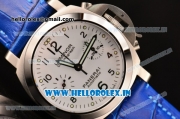 Panerai Luminor Chrono PAM310 Swiss Valjoux 7750-SHG Automatic Steel Case with Blue Leather Strap and White Dial