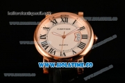Cartier Rotonde De Miyota Quartz Rose Gold Case with White Dial Roman Numeral Markers and Black Leather Strap