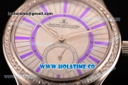 Jaeger-LeCoultre Lady Miyota Quartz Steel Case with White MOP Dial Red Leather Strap and Purple Stick Markers - Diamonds Bezel