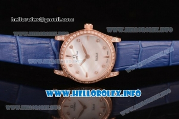 Omega De Ville Prestige Miyota Quartz Rose Gold Case with White MOP Dial Diamonds Bezel and Blue Leather Strap