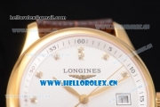 Longines Master Date Swiss ETA 2824 Automatic Yellow Gold Case with White Dial Diamonds Markers and Brown Leather Strap