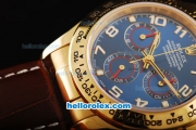 Rolex Daytona Swiss Valjoux 7750 Automatic Movement Gold Case with Blue Dial-Gold Numeral Markers and Brown Leather Strap