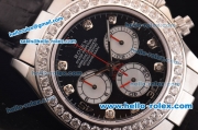 Rolex Daytona Swiss Valjoux 7750-SHG Automatic Diamond Bezel with Black Dial and Black Leather Strap