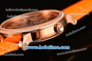 Cartier Rotonde De Swiss Quartz Rose Gold Case with Diamonds Bezel Skeleton Dial and Orange Leather Strap