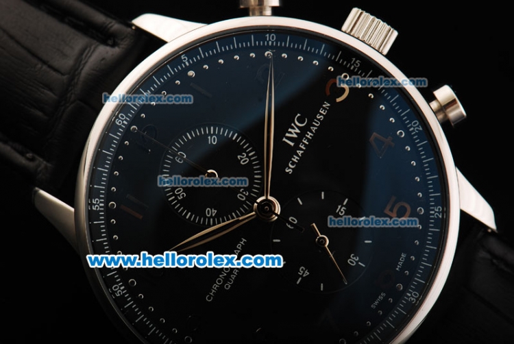IWC Portuguese Chronograph Quartz Movement Steel Case with Black Dial and Black Leather Strap - Click Image to Close