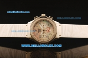 Hublot MDM Chronograph Swiss ETA Quartz Steel Case with Diamond Bezel and White MOP Dial-White Rubber Strap