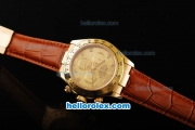 Rolex Daytona Oyster Perpetual Swiss Valjoux 7750 Automatic Movement Gold Case with Gold Dial - Diamond Markers and Brown Leather Strap
