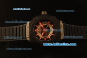 Hublot King Power Swiss Valjoux 7750 Automatic PVD Case with Skeleton Dial and Black Rubber Strap-Red Markers