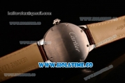 Cartier Rotonde De Swiss Quartz Steel Case with Brown Guilloche Dial Diamonds Bezel and Brown Leather Strap