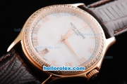 Patek Philippe Calatrava Swiss ETA 2836 Automatic Movement Rose Gold Case with Diamonds Bezel with Rose Gold Roman Numeral Markers and Brown Leather Strap