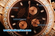Rolex Daytona Chronograph Miyota Quartz Movement Rose Gold Case with Diamond Bezel and White Markers - Black Leather Strap