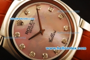 Rolex Cellini Swiss Quartz Steel Case with Pink MOP Dial and Brown Leather Strap-Diamond Markers