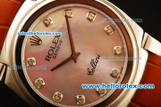Rolex Cellini Swiss Quartz Steel Case with Pink MOP Dial and Brown Leather Strap-Diamond Markers