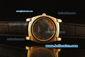 Rolex Cellini Swiss Quartz Yellow Gold Case with Grey MOP Dial and Black Leather Strap-Numeral Markers
