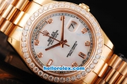 Rolex Day Date II Automatic Movement Full Rose Gold with Diamond Bezel-Diamond Markers and White MOP Dial