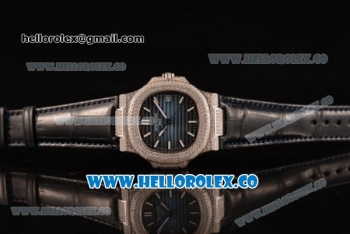 Patek Philippe Nautilus Miyota 9015 Automatic Steel Case Diamond Bezel with Blue Dial and Blue Leather Strap