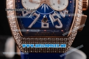 Franck Muller Vanguard Miyota OS20 Quartz Rose Gold Case with Blue Dial Blue Leather Strap Arabic Numeral Markers and Diamonds Bezel