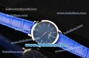 Jaeger-LECoultre Master Ultra Thin Jubilee Miyota OS2035 Quartz Steel Case with Blue Leather Strap Stick Markers and Blue Dial