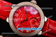 Cartier Ballon Bleu De Small Swiss Quartz Steel Case with Diamonds Bezel Red Dial and Red Leather Strap - White Markers