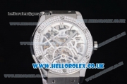 Hublot Classic Fusion Skeleton Asia Automatic Steel Case with Skeleton Dial Diamonds Bezel and Grey Leather Strap