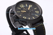 U-BOAT Italo Fontana Flightdeck Quartz PVD Case with Black Dial and Yellow Marking-Small Calendar and Leather Strap