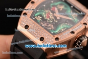 Richard Mille Tourbillon RM 057 Dragon Swiss ETA 2824 Automatic Rose Gold&Diamonds Case with Black Rubber Strap and Green Dragon Dial