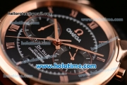 Omega De Ville Co-Axial Chronograph VK Quartz Movement Rose Gold Case and Black Leather Strap with Black Dial