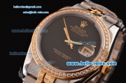 Rolex Datejust 2813 Automatic Two Tone Case with Diamond Bezel and Black Dial ETA Coating