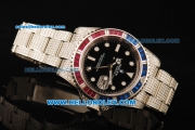 Rolex GMT-Master II Swiss ETA 2836 Automatic Movement Black Dial with Diamond Bezel and Diamond Strap