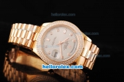 Rolex Day Date II Automatic Movement Full Rose Gold with Double Row Diamond Bezel-Diamond Markers and Grey Dial