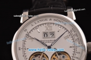 A.Lange&Sohne Datograph ST26 With Double Tourbillon Automatic Steel Case with Black Leather Strap Silver Markers and White Dial