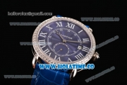 Cartier Rotonde De Asia Manual Winding Steel Case with Blue Dial Diamonds Bezel and White Roman Numeral Markers