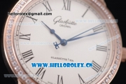 Glashutte Senator Automatic Miyota 9015 Automatic Rose Gold Case with White Dial Diamonds Bezel and Black Leather Strap