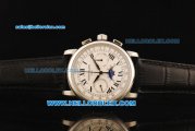 Patek Philippe Moonphase Chronograph Swiss Valjoux 7750 Manual Winding Movement Steel Case with White Dial and Black Leather Strap