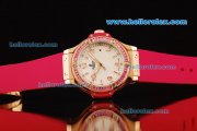 Hublot Big Bang Swiss Quartz Movement Rose Gold Case with Pink Diamond Bezel and Pink Rubber Strap