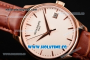 Patek Philippe Calatrava Swiss ETA 2824 Automatic Rose Gold Case with Brown Leather Strap White Dial and Stick Markers
