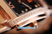 Patek Philippe Quartz Movement Full Diamond Bezel with Black Dial and Full Rose Gold--Lady size