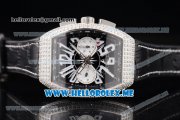 Franck Muller Vanguard Miyota OS20 Quartz Steel Case with Black Dial Black Leather Strap and White Subdials Diamonds Bezel