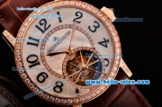 Jaeger LeCoultre Master Swiss ST Automatic Tourbillon Rose Gold Case Diamond Bezel Brown Leather Strap White Dial with Numeral Markers