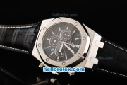 Audemars Piguet Royal Oak City of Sails Chronograph Miyota Quartz Movement Black Dial with White Stick Markers and Silver Case-Black Leather Strap