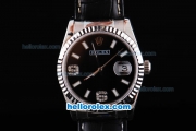 Rolex Datejust Automatic with Black Dial and White Bezel and Case--Diamond Marking-Small Calendar-Black Leather Strap