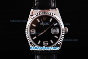 Rolex Datejust Automatic with Black Dial and White Bezel and Case--Diamond Marking-Small Calendar-Black Leather Strap