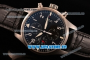 IWC Pilot's Watch Chrono Swiss Valjoux 7750 Automatic Steel Case with White Arabic Numeral Markers Black Leather Strap and Black Dial